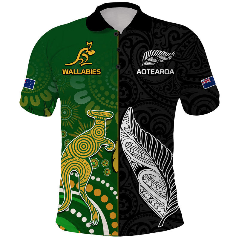 Aotearoa Rugby All Black Combine Australia Wallabies Polo Shirt Aboriginal Kangaroo And Maori Fern