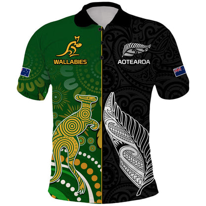 Aotearoa Rugby All Black Combine Australia Wallabies Polo Shirt Aboriginal Kangaroo And Maori Fern
