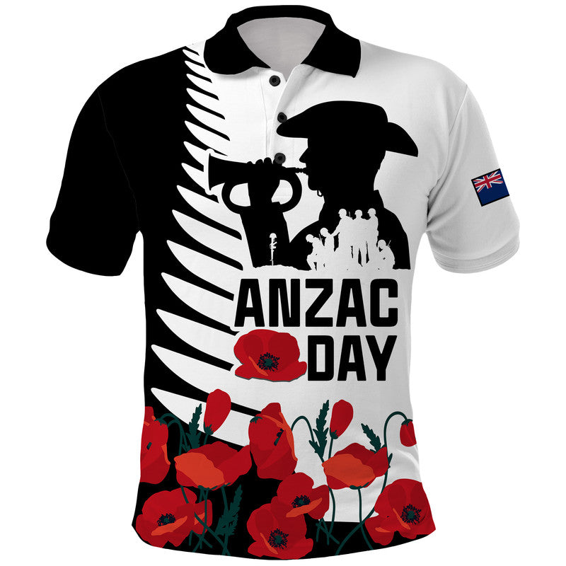 New Zealand ANZAC Day Polo Shirt Military Silver Ferns and Red Poppy