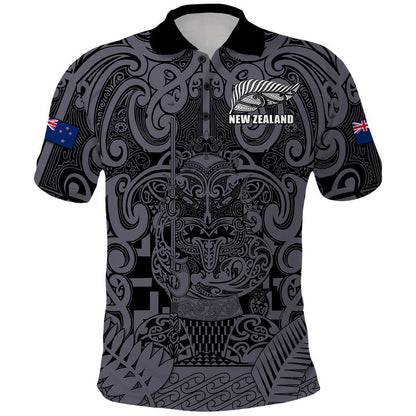 Custom Text And Number New Zealand Taiaha Maori Polo Shirt Minimalist Silver Fern All Black