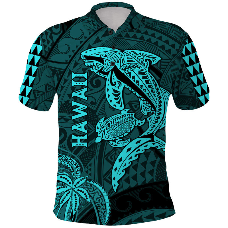 Hawaii Polo Shirt Shark and Turtle Mix Kakau Turquoise