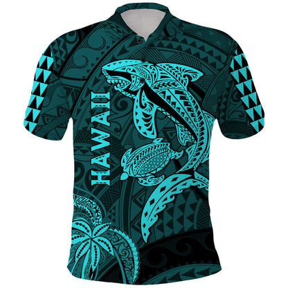 Hawaii Polo Shirt Shark and Turtle Mix Kakau Turquoise