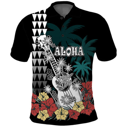 Hawaii Ukulele Mix Hibiscus and Coconut Tree Polo Shirt Aloha Vintage Black Version