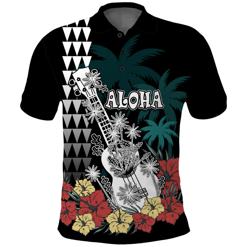 Custom Personalised Hawaii Ukulele Mix Hibiscus and Coconut Tree Polo Shirt Aloha Vintage Black Version