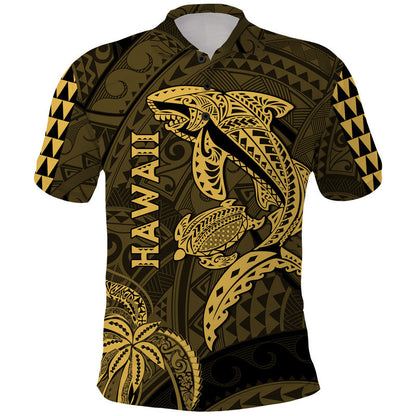 Hawaii Polo Shirt Shark and Turtle Mix Kakau Gold