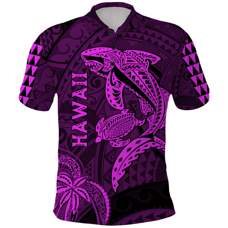 Hawaii Polo Shirt Shark and Turtle Mix Kakau Purple
