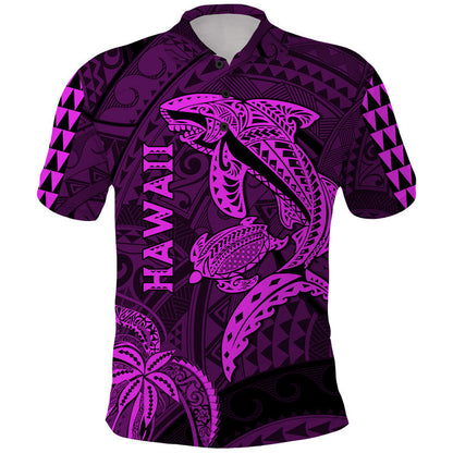 Hawaii Polo Shirt Shark and Turtle Mix Kakau Purple