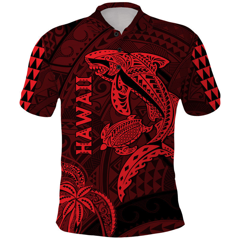 Hawaii Polo Shirt Shark and Turtle Mix Kakau Red