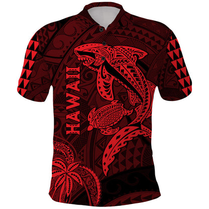 Hawaii Polo Shirt Shark and Turtle Mix Kakau Red