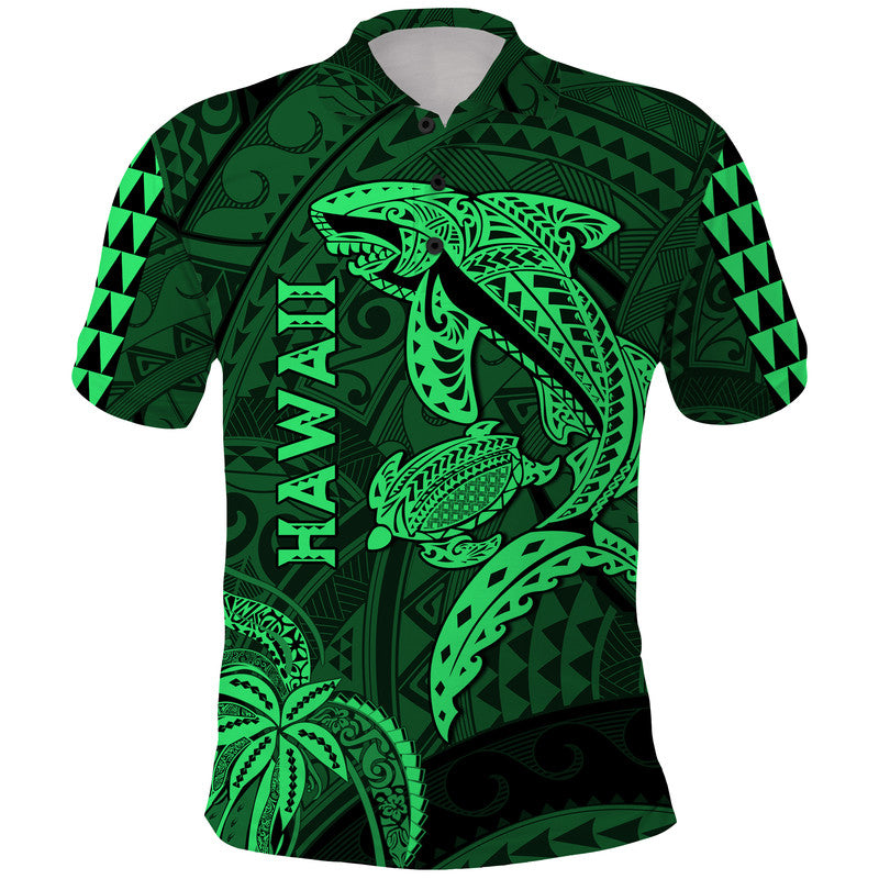 Hawaii Polo Shirt Shark and Turtle Mix Kakau Green