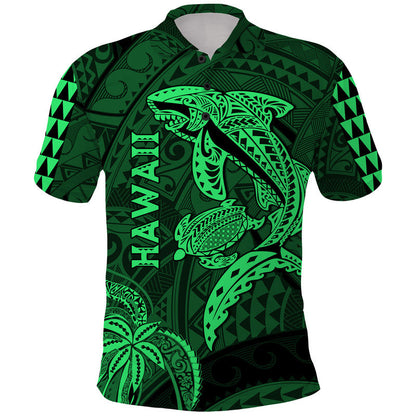 Hawaii Polo Shirt Shark and Turtle Mix Kakau Green