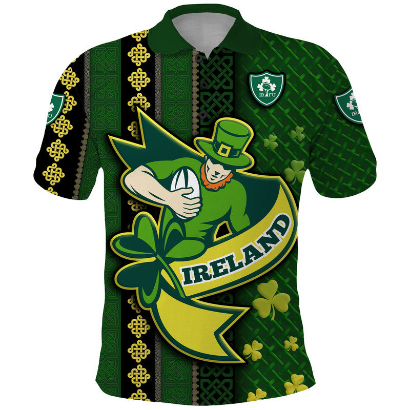 Ireland Celtic Knot Rugby Polo Shirt Irish Gold and Green Pattern