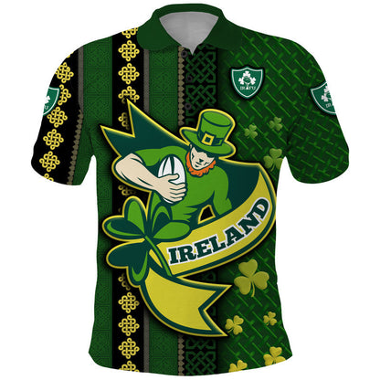 Ireland Celtic Knot Rugby Polo Shirt Irish Gold and Green Pattern
