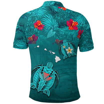 Custom Personalised Hawaiian Islands Polo Shirt - Hawaii Tropical Flowers and Turtles Turquoise