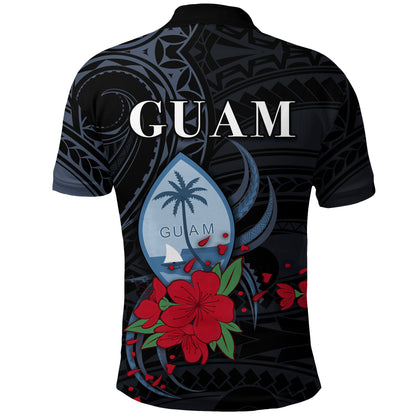 Guam Polo Shirt Polynesian Flowers Version Black
