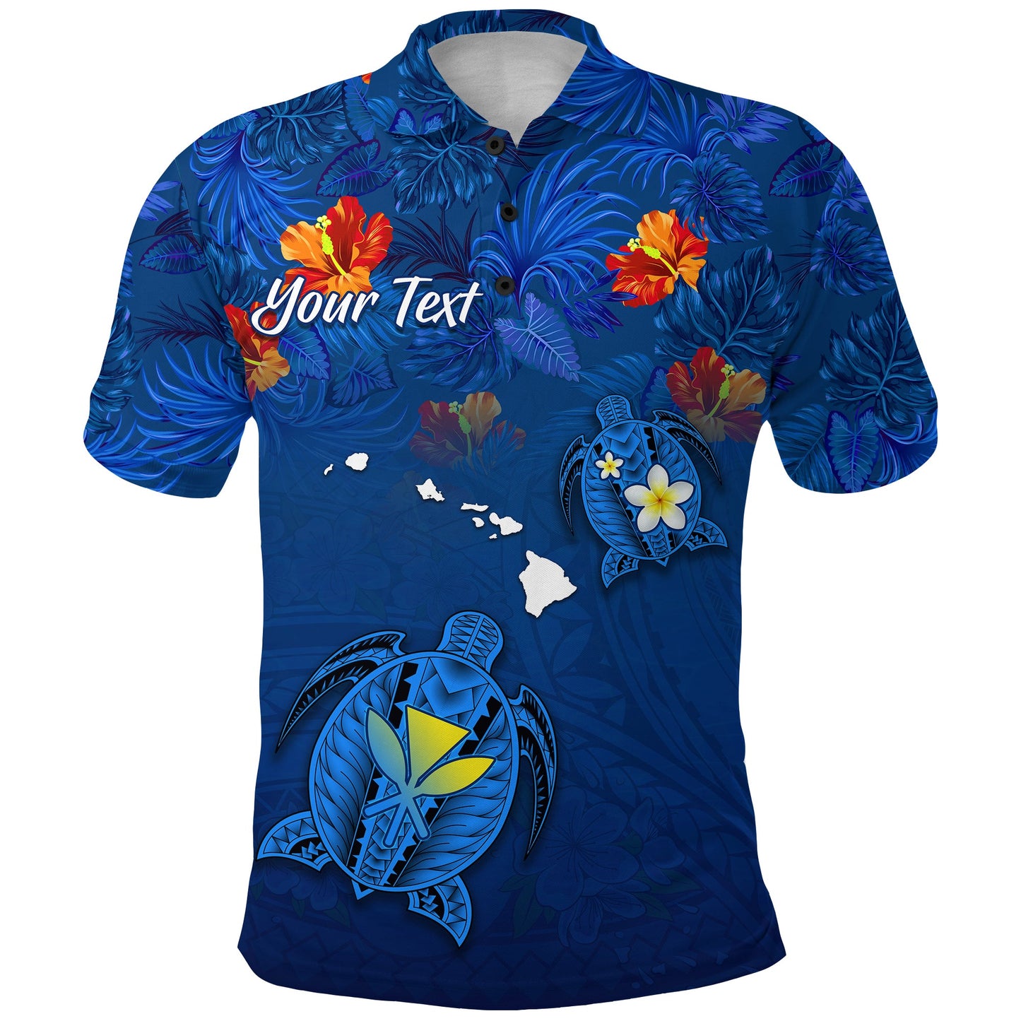 Custom Personalised Hawaiian Islands Polo Shirt - Hawaii Tropical Flowers and Turtles Blue