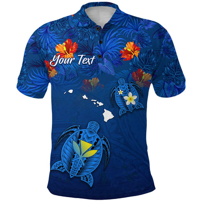 Custom Personalised Hawaiian Islands Polo Shirt - Hawaii Tropical Flowers and Turtles Blue