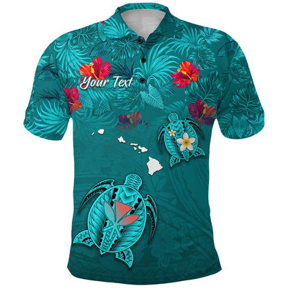 Custom Personalised Hawaiian Islands Polo Shirt - Hawaii Tropical Flowers and Turtles Turquoise