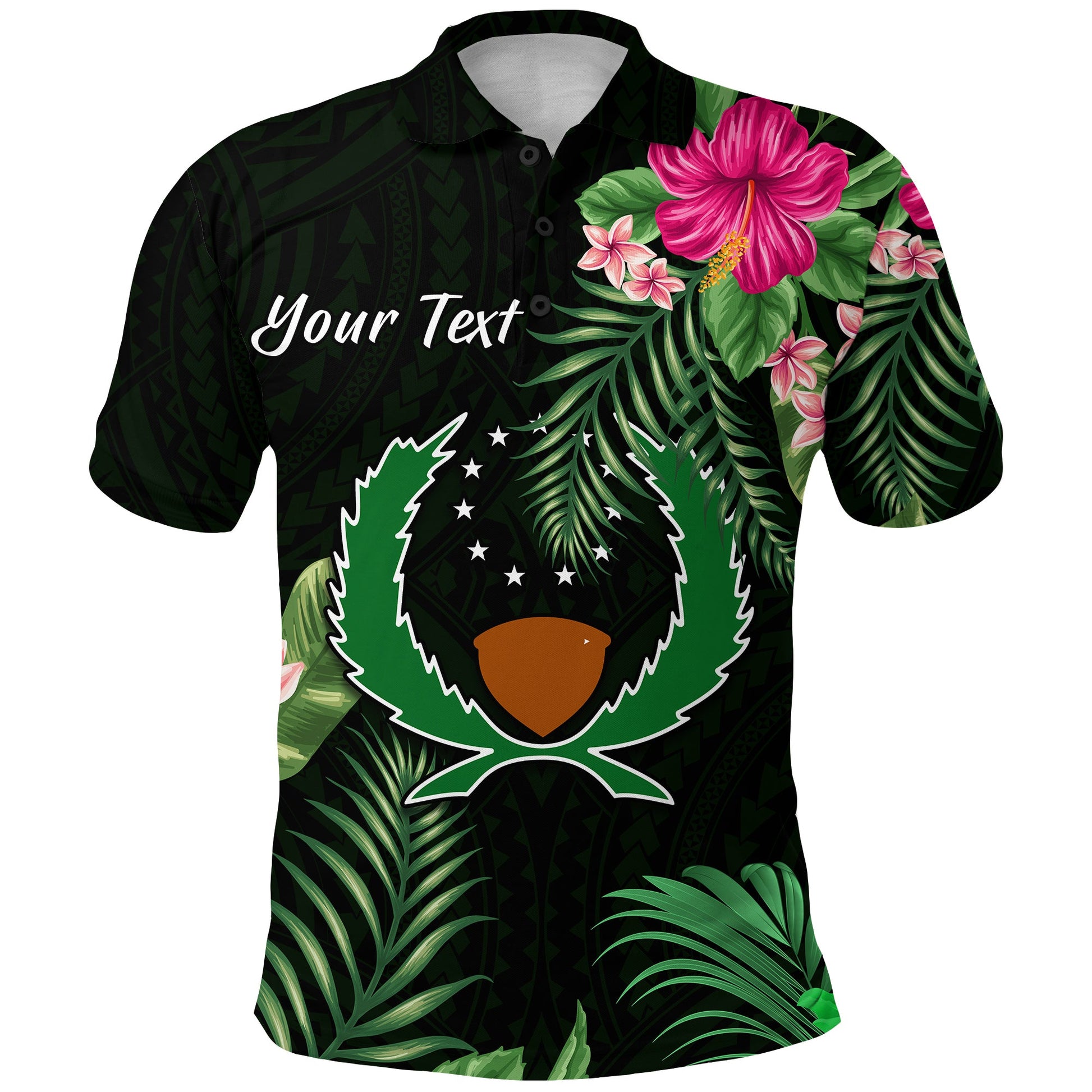 Custom Personalised Pohnpei Micronesia Green Polo Shirt Tropical Flowers