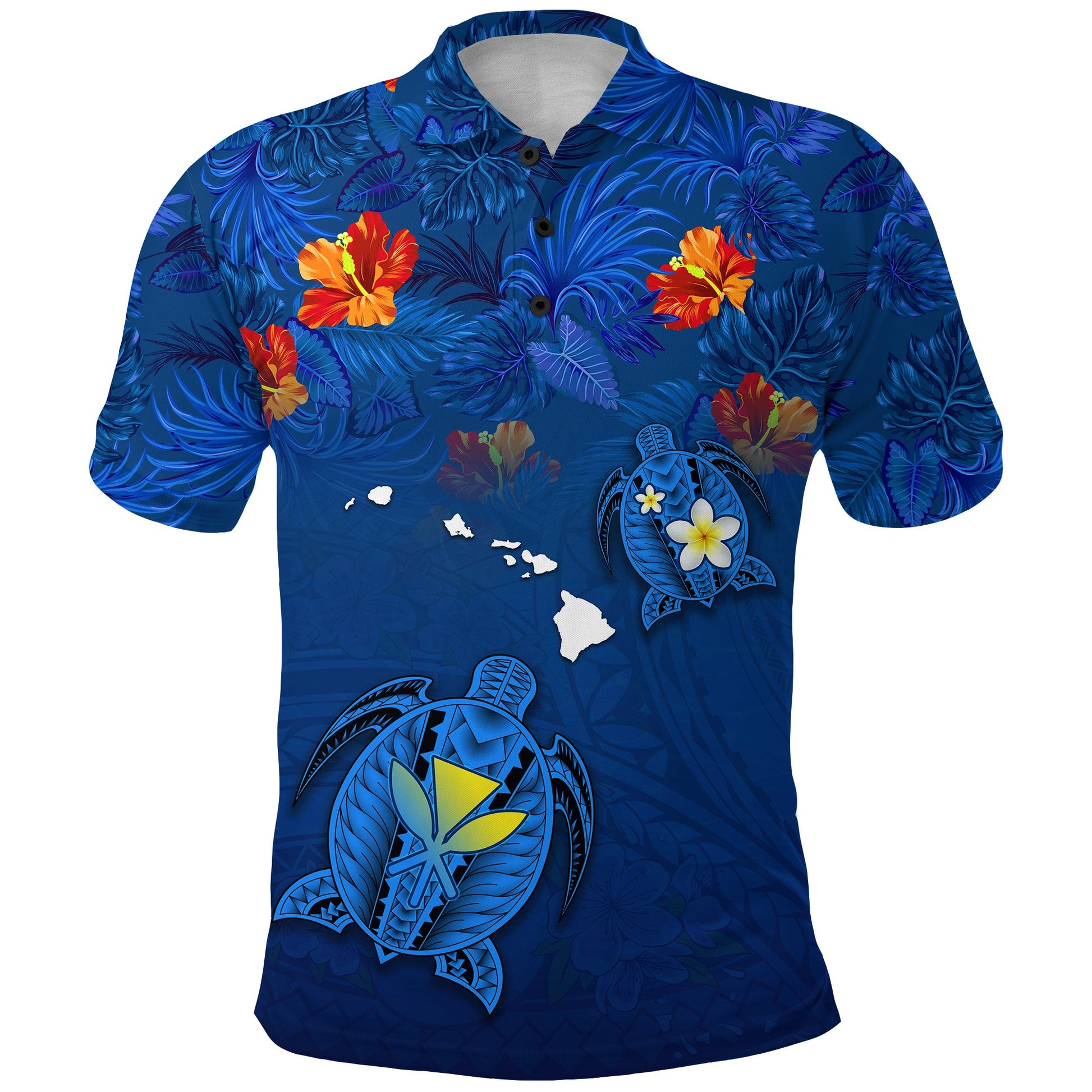 Hawaiian Islands Polo Shirt - Hawaii Tropical Flowers and Turtles Blue
