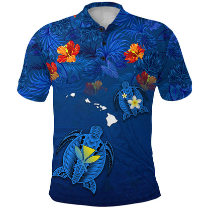 Hawaiian Islands Polo Shirt - Hawaii Tropical Flowers and Turtles Blue