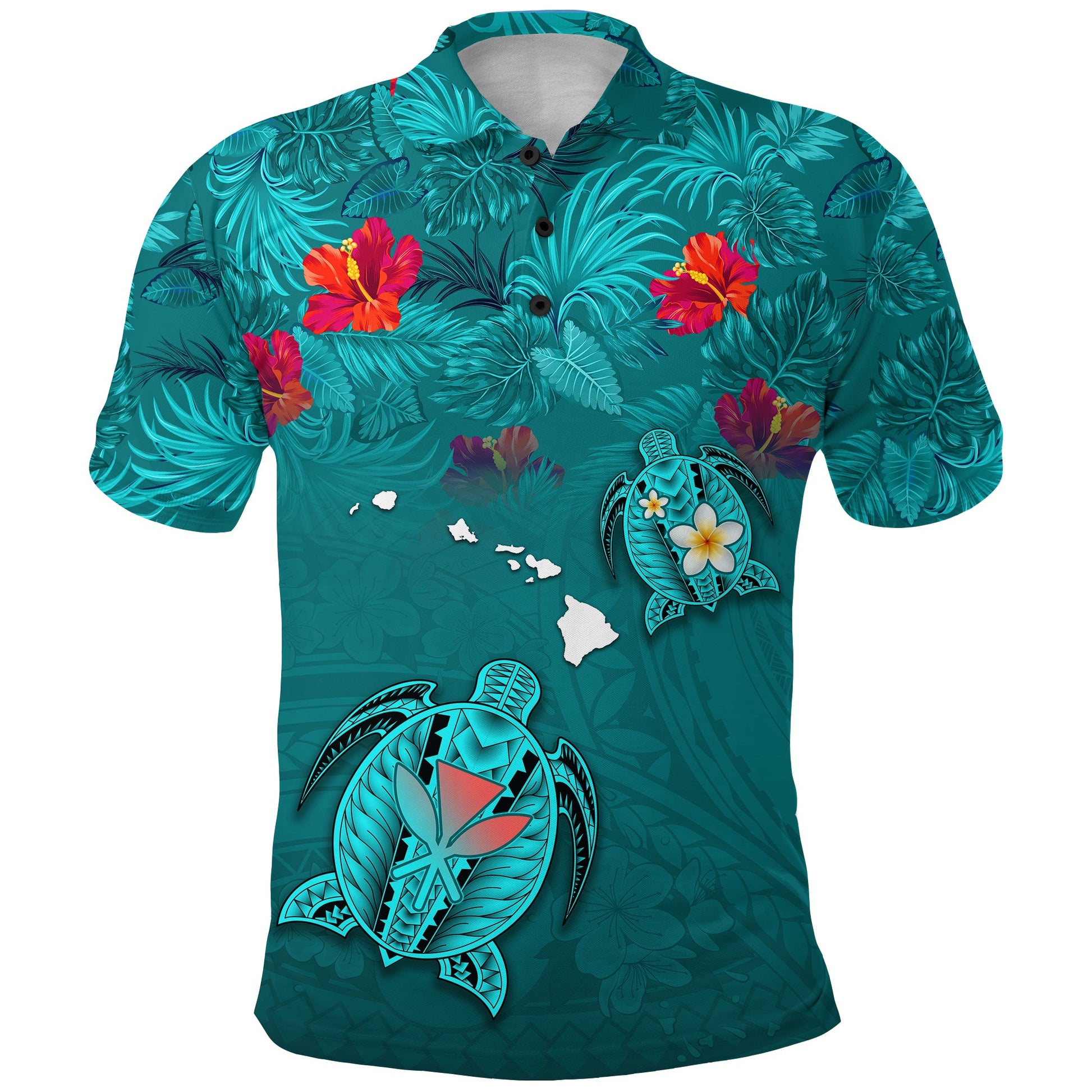 Hawaiian Islands Polo Shirt - Hawaii Tropical Flowers and Turtles Turquoise