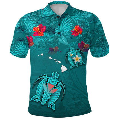 Hawaiian Islands Polo Shirt - Hawaii Tropical Flowers and Turtles Turquoise