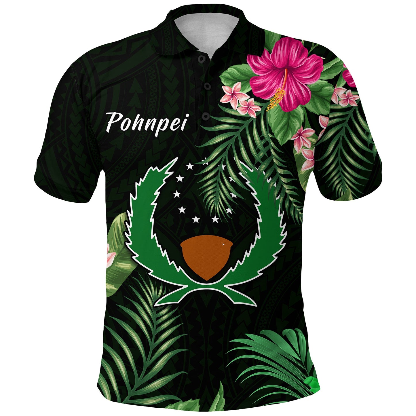 Pohnpei Micronesia Green Polo Shirt Tropical Flowers