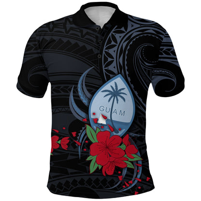 Custom Personalised Guam Polo Shirt Polynesian Flowers Version Black