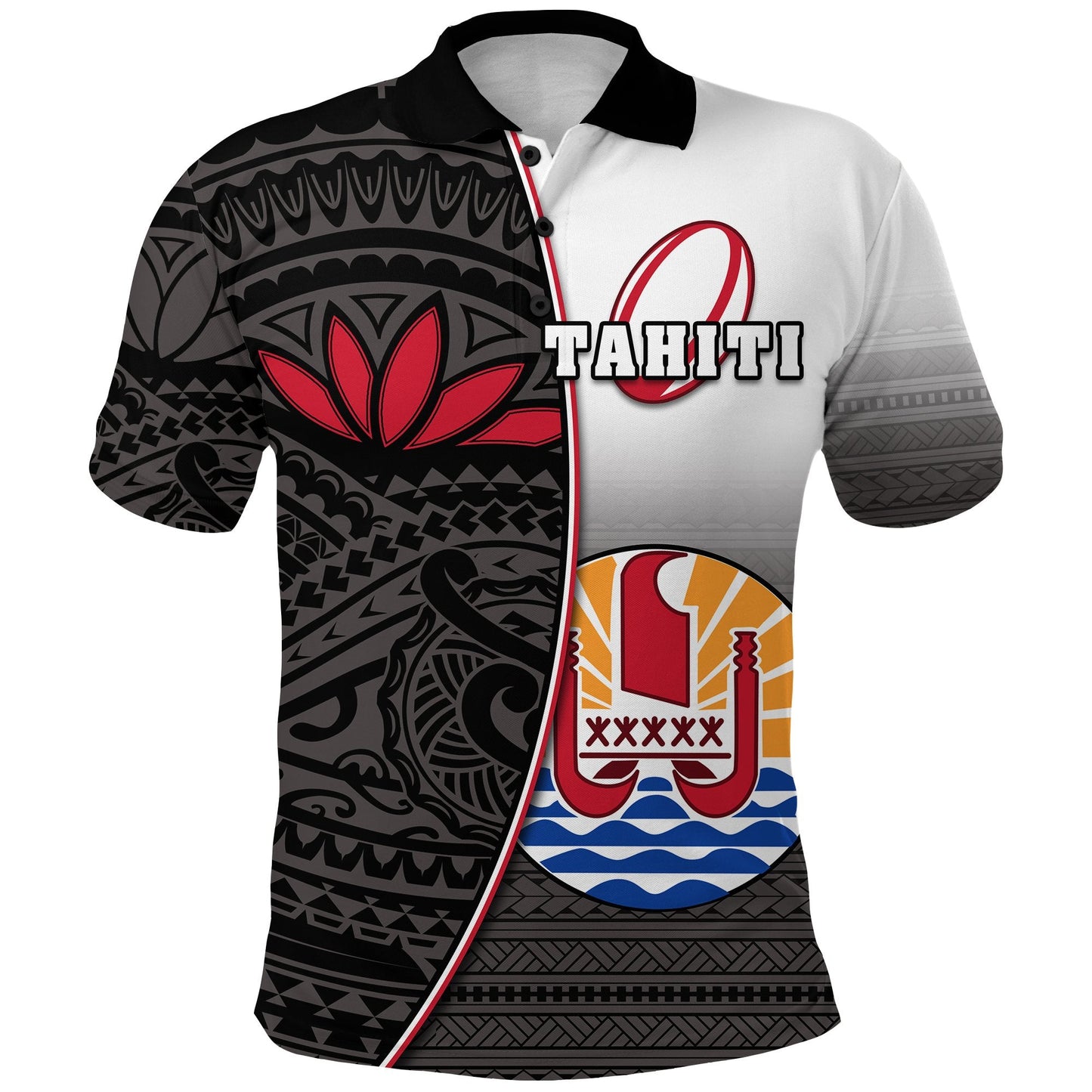 Custom Personalised Tahiti Rugby Polo Shirt Impressive Version Black - Custom Text and Number