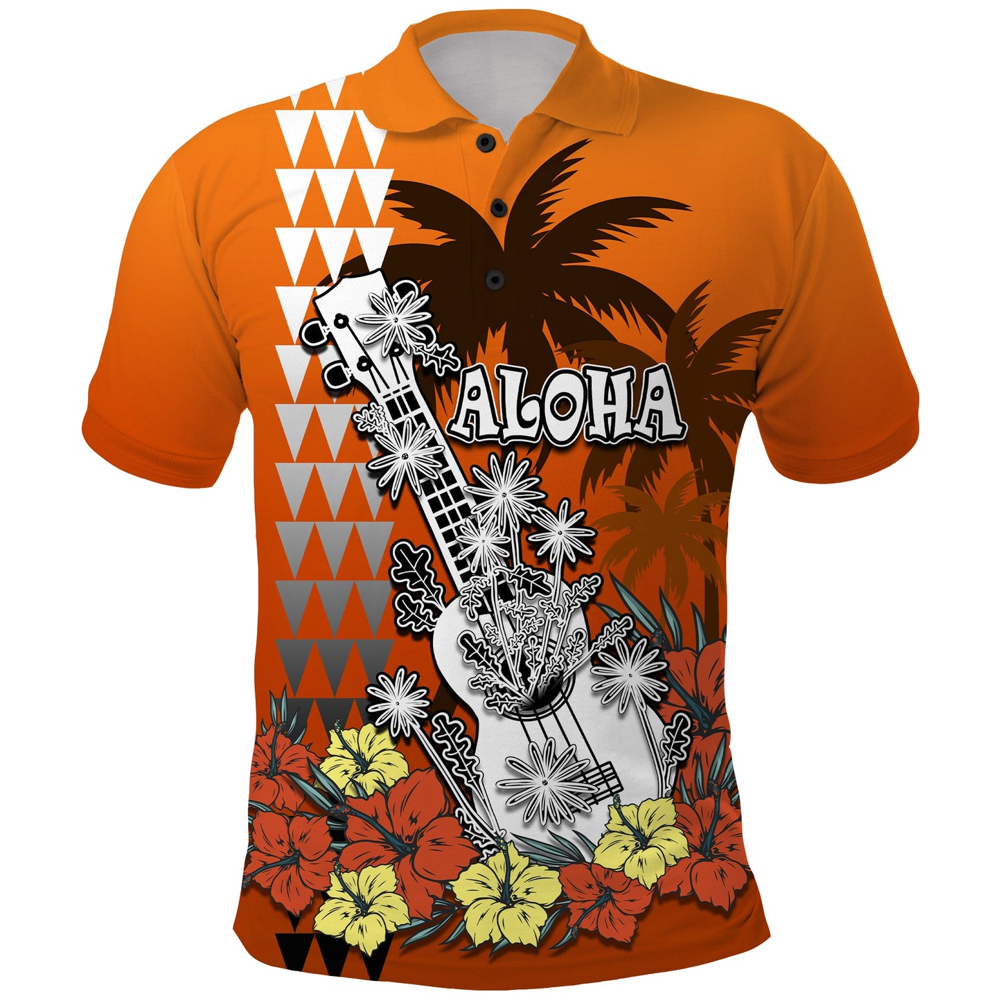 Hawaii Ukulele Mix Hibiscus and Palm Tree Polo Shirt Aloha Vintage Orange Version