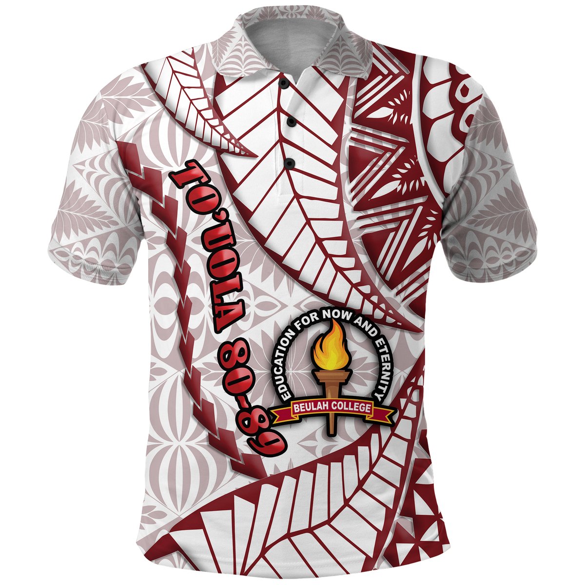 To’uola 80 - 89 Tonga Emancipation Day Polo Shirt Kupesi Pattern No.2 White