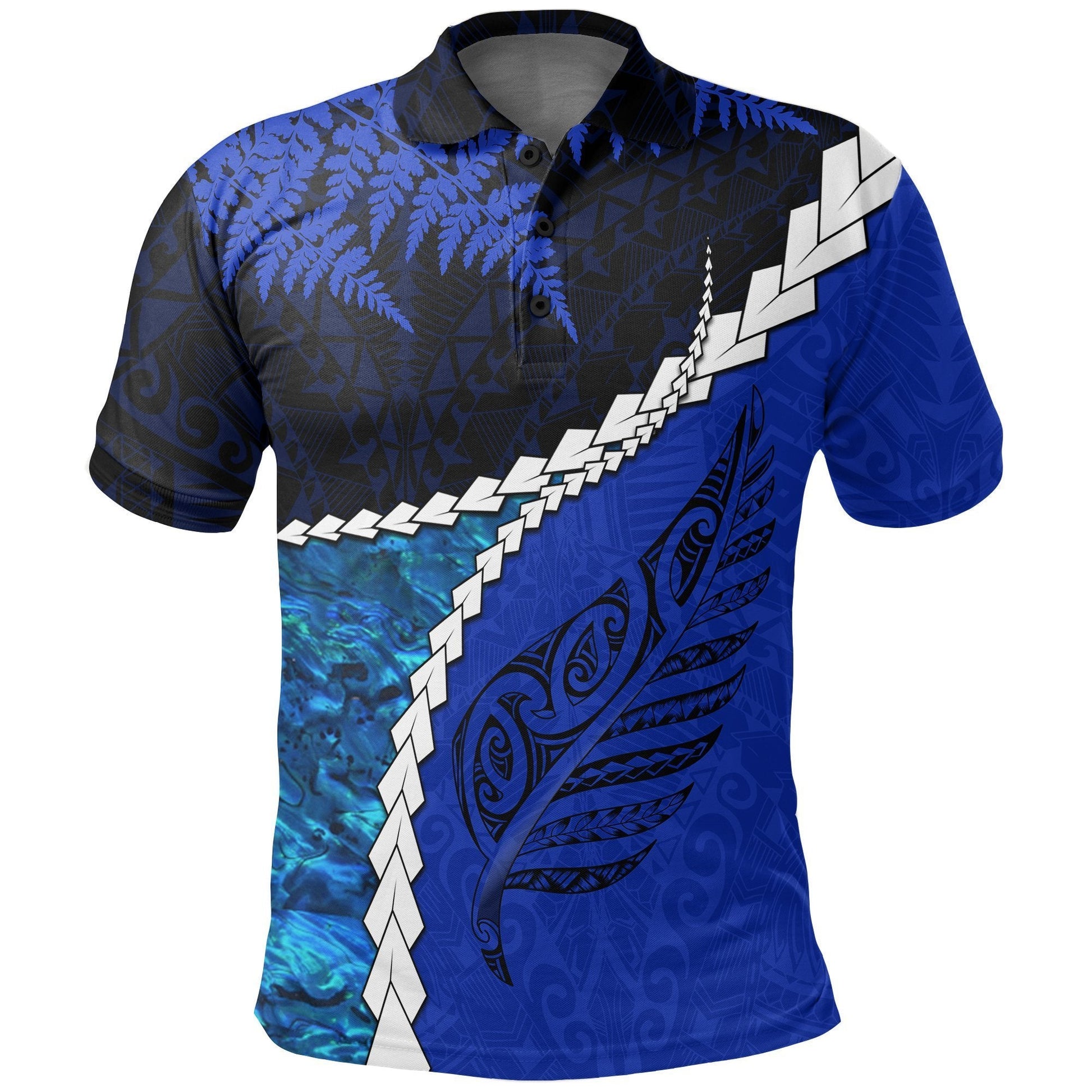 New Zealand Paua Shell Maori Silver Fern Polo Shirt Cobalt