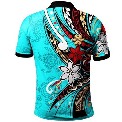 American Samoa Polo Shirt - Tribal Flower With Special Turtles Blue Color