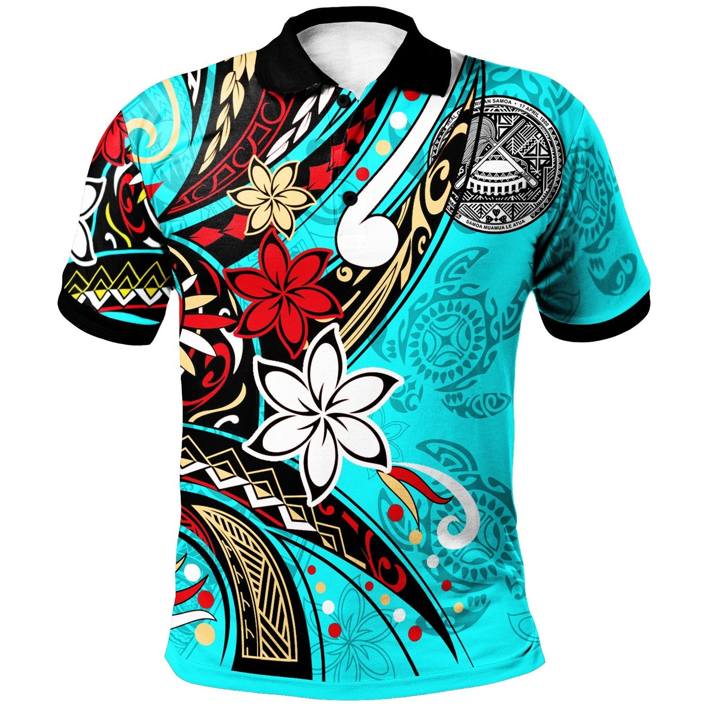 American Samoa Polo Shirt - Tribal Flower With Special Turtles Blue Color