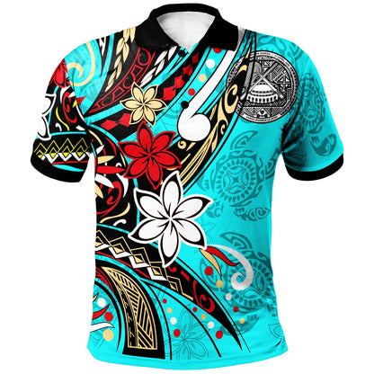American Samoa Polo Shirt - Tribal Flower With Special Turtles Blue Color