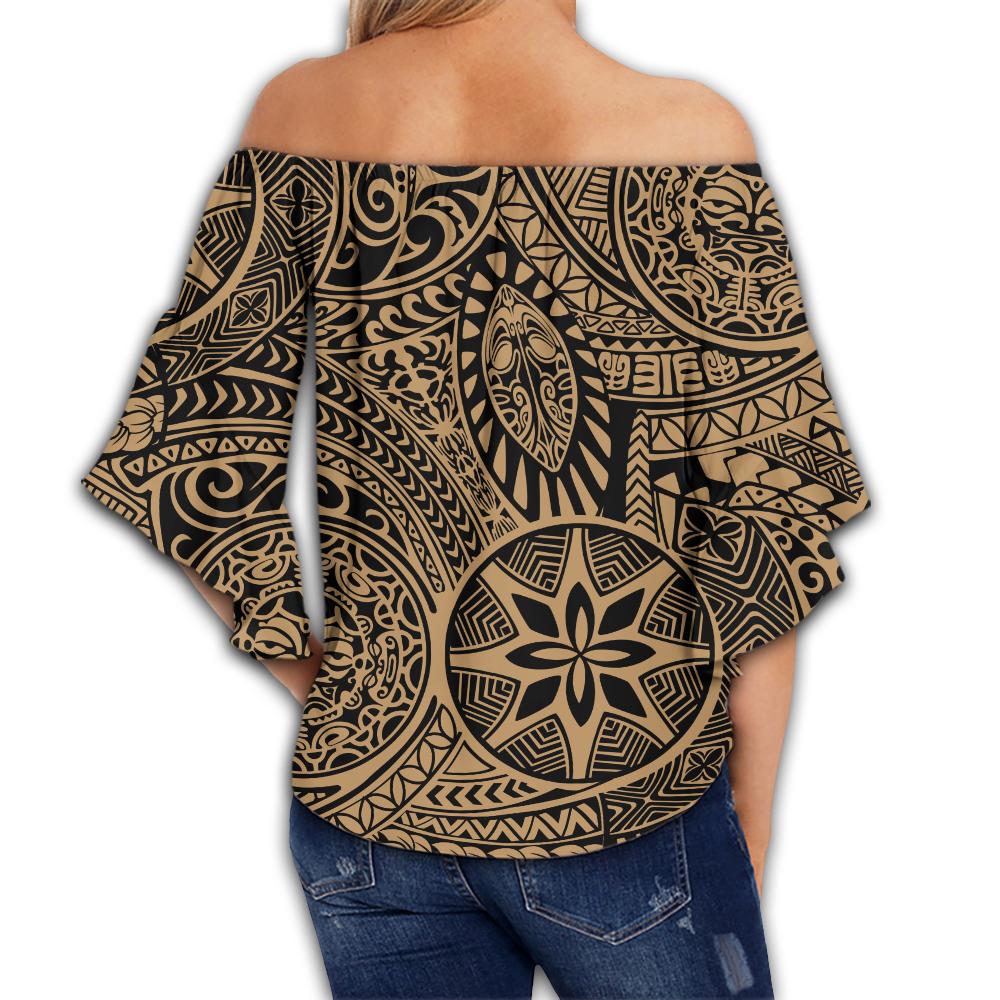 Polynesian Hawaiian Style Tribal Tattoo Gold Hawaii Women's Off Shoulder Wrap Waist Top