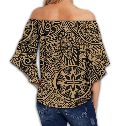 Polynesian Hawaiian Style Tribal Tattoo Gold Hawaii Women's Off Shoulder Wrap Waist Top