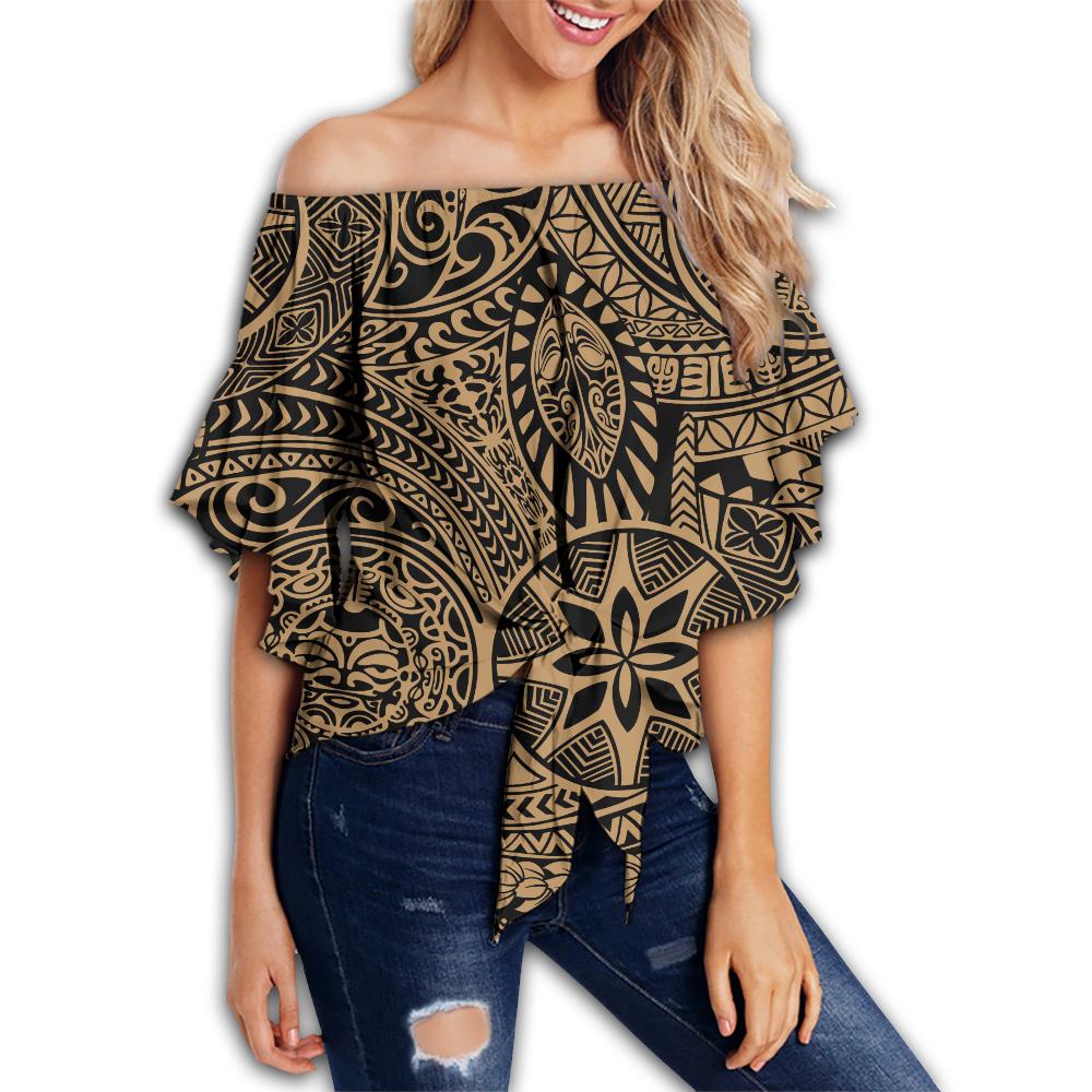 Polynesian Hawaiian Style Tribal Tattoo Gold Hawaii Women's Off Shoulder Wrap Waist Top