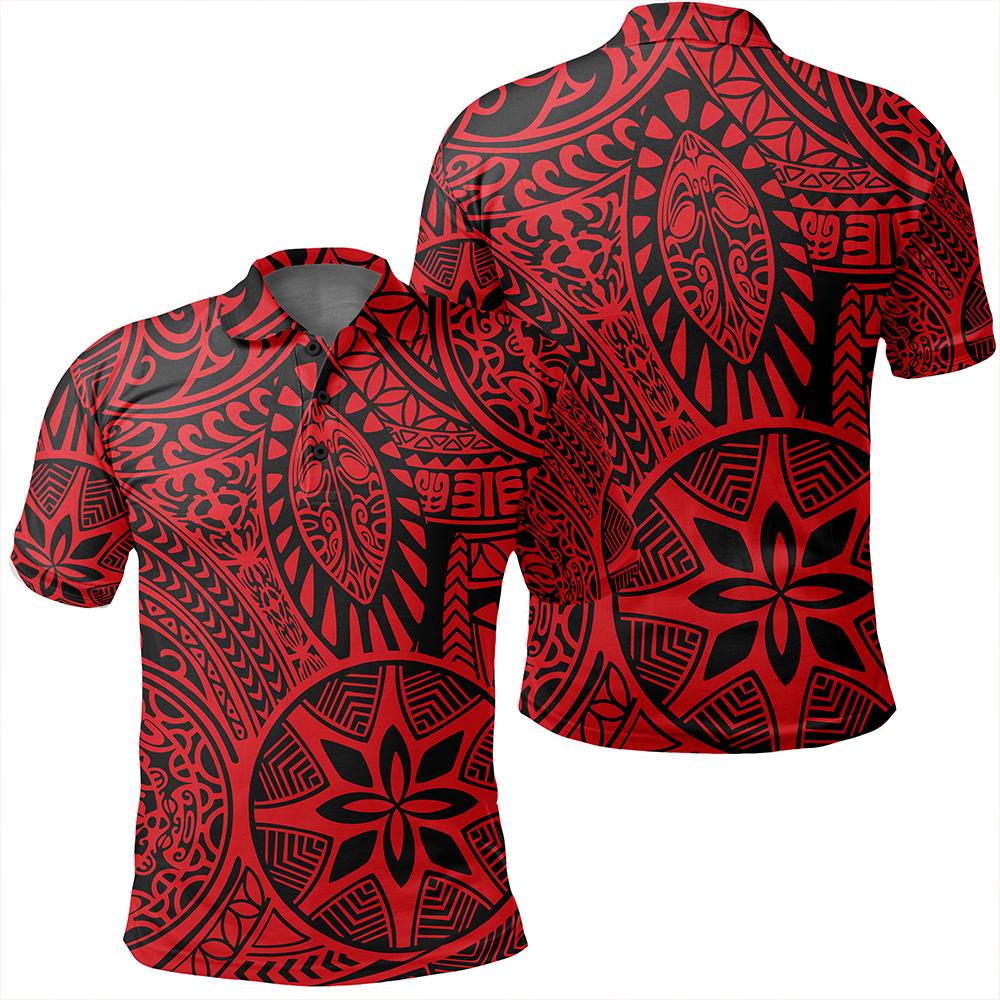 Unisex Polynesian Hawaiian Style Tribal Tattoo Red Polo Shirt - AH