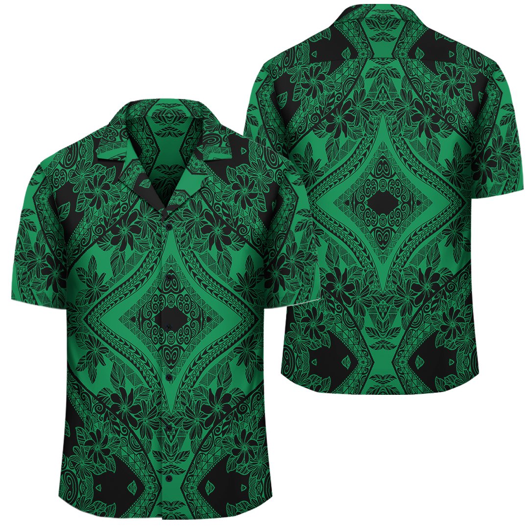 Polynesian Plumeria Mix Green Black Hawaiian Shirt