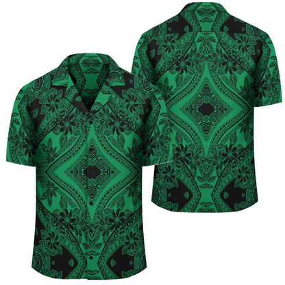 Polynesian Plumeria Mix Green Black Hawaiian Shirt