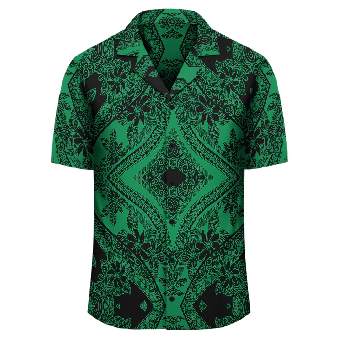 Polynesian Plumeria Mix Green Black Hawaiian Shirt