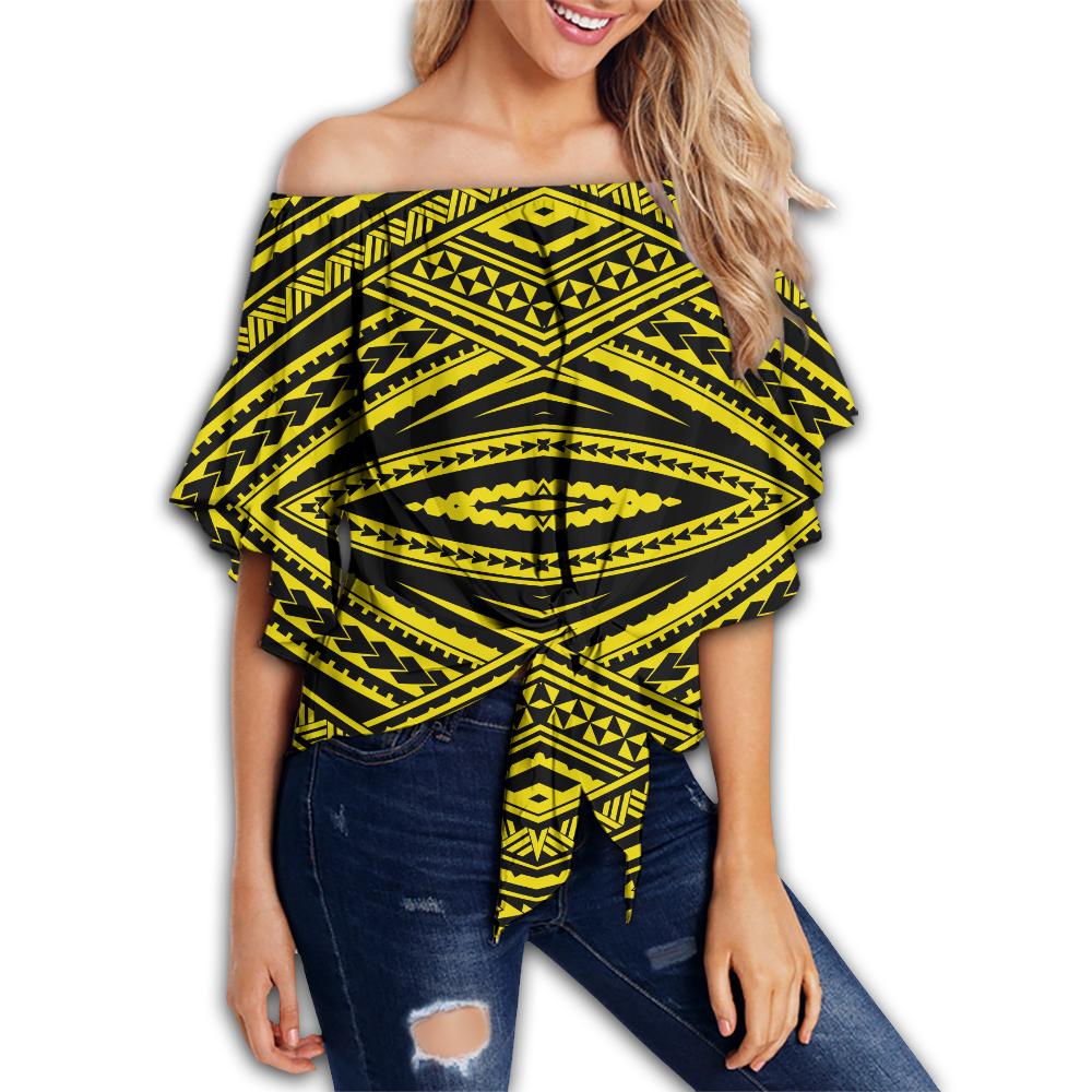 Polynesian Tatau Yellow Hawaii Women's Off Shoulder Wrap Waist Top