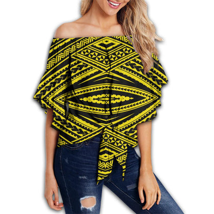 Polynesian Tatau Yellow Hawaii Women's Off Shoulder Wrap Waist Top