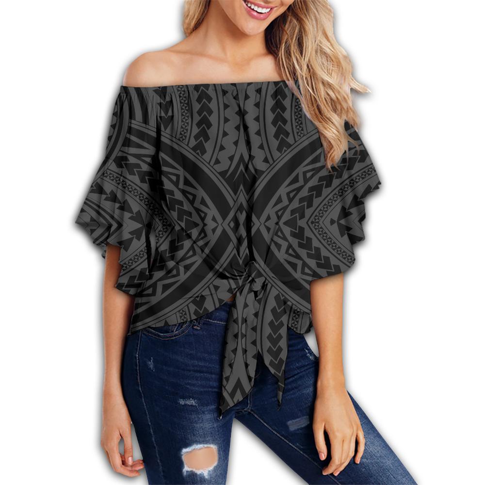 Polynesian Tradition Gray Hawaii Women's Off Shoulder Wrap Waist Top