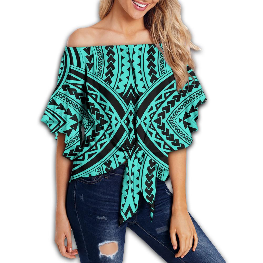 Polynesian Tradition Turquoise Hawaii Women's Off Shoulder Wrap Waist Top