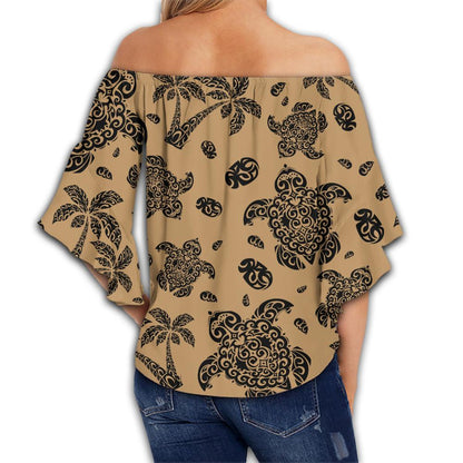 Polynesian Turtle Palm And Sea Pebbles Gold Hawaii Women's Off Shoulder Wrap Waist Top