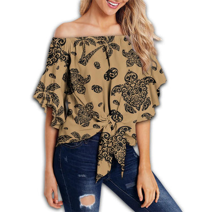 Polynesian Turtle Palm And Sea Pebbles Gold Hawaii Women's Off Shoulder Wrap Waist Top