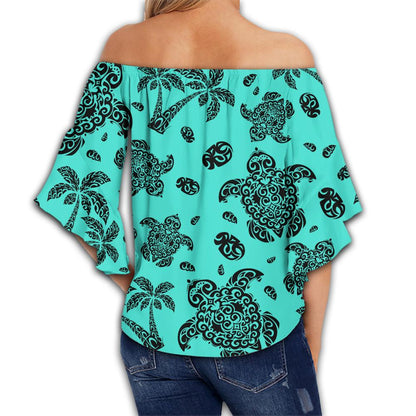 Polynesian Turtle Palm And Sea Pebbles Turquoise Hawaii Women's Off Shoulder Wrap Waist Top